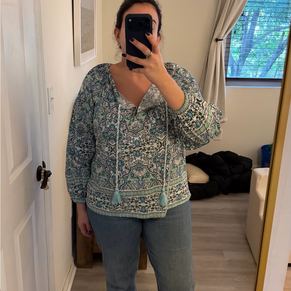 Shoshanna Green and White Patterned Blouse